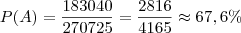 P(A) = \frac{183040}{270725} = \frac{2816}{4165} \approx 67,6 \%