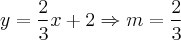 y = \frac{2}{3}x + 2 \Rightarrow m = \frac{2}{3} y = \frac{2}{3}x + 2 \Rightarrow m = \frac{2}{3}