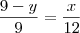 \frac{9-y}{9}=\frac{x}{12} \frac{9-y}{9}=\frac{x}{12}