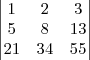 \begin{vmatrix}
   1 & 2 & 3  \\ 
   5 & 8 & 13  \\
   21 & 34 & 55  \\

\end{vmatrix}