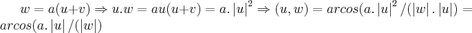 w=a(u+v)\Rightarrow u.w=au(u+v)=a.\left|u \right|^{2}\Rightarrow (u,w)=arcos(a.\left|u \right|^2/(\left|w \right|.\left|u \right|)=arcos(a.\left|u \right|/(\left|w \right|)