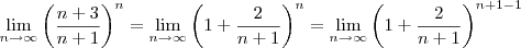 \lim_{n \to \infty} \left( \frac{n+3}{n+1} \right)^n = \lim_{n \to \infty} \left( 1 + \frac{2}{n+1} \right)^n = \lim_{n \to \infty} \left( 1 + \frac{2}{n+1} \right)^{n+1 -1}