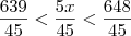 \frac{639}{45} < \frac{5x}{45} < \frac{648}{45}