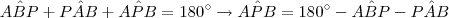 A\hat{B}P + P\hat{A}B + A\hat{P}B = 180^{\circ}  \rightarrow A\hat{P}B = 180^{\circ} - A\hat{B}P - P\hat{A}B