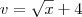 v = \sqrt x + 4 v = \sqrt x + 4