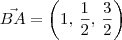 \vec{BA} = \left(1,\,\frac{1}{2},\,\frac{3}{2}\right)