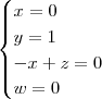 \begin{cases} x = 0\\ y = 1\\ -x + z = 0\\ w = 0 \end{cases}