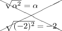 \xcancel{
\begin{array}{l}
\sqrt{\alpha^2} = \alpha \\ \\
\sqrt{(-2)^2} = -2
\end{array}
} \xcancel{
\begin{array}{l}
\sqrt{\alpha^2} = \alpha \\ \\
\sqrt{(-2)^2} = -2
\end{array}
}