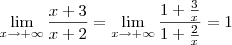 \lim_{x\to +\infty} \frac{x + 3}{x + 2} = \lim_{x\to +\infty} \frac{1 + \frac{3}{x}}{1 + \frac{2}{x}} = 1