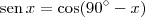 \textrm{sen}\,x = \cos(90^\circ - x) \textrm{sen}\,x = \cos(90^\circ - x)