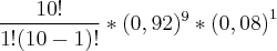 \frac{10!}{1!(10-1)!}*(0,92){}^{9}*{(0,08)}^{1}