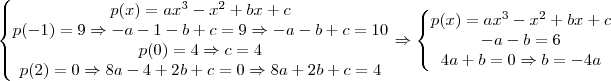 \left\{\begin{matrix}
p(x)=ax^{3}-x^{2}+bx+c\\ 
p(-1)=9\Rightarrow -a-1-b+c=9\Rightarrow -a-b+c=10\\ 
p(0)=4\Rightarrow c=4\\ 
p(2)=0 \Rightarrow 8a-4+2b+c=0 \Rightarrow 8a+2b+c=4
\end{matrix}\right. \Rightarrow \left\{\begin{matrix}
p(x)=ax^{3}-x^{2}+bx+c\\ 
-a-b=6\\ 
4a+b=0\Rightarrow b=-4a\\ 

\end{matrix}\right.