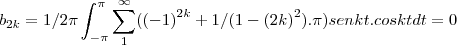 {b}_{2k}=1/2\pi\int_{-\pi}^{\pi}\sum_{1}^{\infty}({(-1)}^{2k}+1/(1-{(2k)}^{2}).\pi)senkt.coskt dt=0