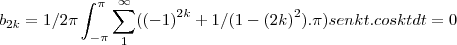 {b}_{2k}=1/2\pi\int_{-\pi}^{\pi}\sum_{1}^{\infty}({(-1)}^{2k}+1/(1-{(2k)}^{2}).\pi)senkt.coskt dt=0 {b}_{2k}=1/2\pi\int_{-\pi}^{\pi}\sum_{1}^{\infty}({(-1)}^{2k}+1/(1-{(2k)}^{2}).\pi)senkt.coskt dt=0