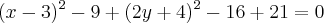 (x - 3)^2 - 9 + (2y + 4)^2 - 16 + 21 = 0