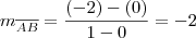 {m}_{\overline{AB}} = \frac{(-2)-(0)}{1 - 0} = -2 {m}_{\overline{AB}} = \frac{(-2)-(0)}{1 - 0} = -2