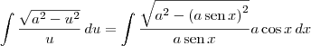\int \frac{\sqrt{a^2 - u^2}}{u} \, du = \int \frac{\sqrt{a^2 - \left(a\,\textrm{sen}\,x\right)^2}}{a\,\textrm{sen}\, x} a\cos x \,dx