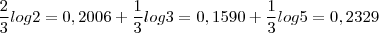 \frac{2}{3} log 2 = 0,2006 + \frac{1}{3} log 3= 0,1590 +\frac{1}{3} log 5 = 0,2329 \frac{2}{3} log 2 = 0,2006 + \frac{1}{3} log 3= 0,1590 +\frac{1}{3} log 5 = 0,2329
