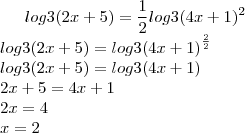 log3(2x+5)=\frac{1}{2}log3(4x+1)^2\\
log3(2x+5)=log3{\left(4x+1 \right)}^{\frac{2}{2}}\\
log3(2x+5)=log3(4x+1)\\
2x+5=4x+1\\
2x=4\\
x=2 log3(2x+5)=\frac{1}{2}log3(4x+1)^2\\
log3(2x+5)=log3{\left(4x+1 \right)}^{\frac{2}{2}}\\
log3(2x+5)=log3(4x+1)\\
2x+5=4x+1\\
2x=4\\
x=2