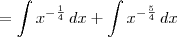= \int x^{-\frac{1}{4}} \, dx + \int x^{-\frac{5}{4}} \,dx