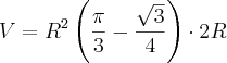 V = R^2 \left( \frac{\pi}{3} - \frac{\sqrt{3}}{4} \right) \cdot 2R