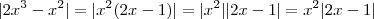 |2x^3 -x^2| = |x^2(2x-1) | = |x^2||2x-1| = x^2 |2x-1| |2x^3 -x^2| = |x^2(2x-1) | = |x^2||2x-1| = x^2 |2x-1|