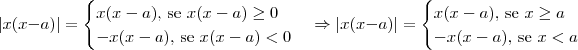 |x(x-a)| = \begin{cases}x(x-a)\textrm{, se } x(x-a) \geq 0 \\ -x(x-a)\textrm{, se } x(x-a) < 0\end{cases} \Rightarrow |x(x-a)| = \begin{cases}x(x-a)\textrm{, se } x \geq a \\ -x(x-a)\textrm{, se } x < a\end{cases} |x(x-a)| = \begin{cases}x(x-a)\textrm{, se } x(x-a) \geq 0 \\ -x(x-a)\textrm{, se } x(x-a) < 0\end{cases} \Rightarrow |x(x-a)| = \begin{cases}x(x-a)\textrm{, se } x \geq a \\ -x(x-a)\textrm{, se } x < a\end{cases}