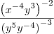 \frac{{\left({x}^{-4}{y}^{3} \right)}^{-2}}{{\left({y}^{5}{y}^{-4} \right)}^{-3}}