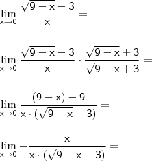 \\ \mathsf{\lim_{x \to 0} \frac{\sqrt{9 - x} - 3}{x} =} \\\\\\ \mathsf{\lim_{x \to 0} \frac{\sqrt{9 - x} - 3}{x} \cdot \frac{\sqrt{9 - x} + 3}{\sqrt{9 - x} + 3} =} \\\\\\ \mathsf{\lim_{x \to 0} \frac{(9 - x) - 9}{x \cdot (\sqrt{9 - x} + 3)} =} \\\\\\ \mathsf{\lim_{x \to 0} - \frac{x}{x \cdot (\sqrt{9 - x} + 3)} =}