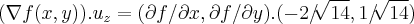 (\nabla f(x,y)).{u}_{z}=(\partial f/\partial x,\partial f/\partial y).(-2/\sqrt[]{14},1/\sqrt[]{14})