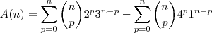 A(n) = \sum_{p=0}^n {n \choose p} 2^p 3^{n-p} - \sum_{p=0}^n {n \choose p} 4^p 1^{n - p}
