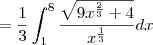 =\frac{1}{3}\int_{1}^{8}\frac{\sqrt{9x^{\frac{2}{3}}+4}}{x^{\frac{1}{3}}}}dx