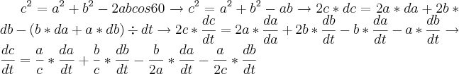 c^2=a^2+b^2-2abcos60\rightarrow c^2=a^2+b^2-ab\rightarrow 2c*dc=2a*da+2b*db-\left(b*da+a*db \right)\div dt\rightarrow 2c*\frac{dc}{dt}=2a*\frac{da}{da}+2b*\frac{db}{dt}-b*\frac{da}{dt}-a*\frac{db}{dt}\rightarrow \frac{dc}{dt}=\frac{a}{c}*\frac{da}{dt}+\frac{b}{c}*\frac{db}{dt}-\frac{b}{2a}*\frac{da}{dt}-\frac{a}{2c}*\frac{db}{dt} c^2=a^2+b^2-2abcos60\rightarrow c^2=a^2+b^2-ab\rightarrow 2c*dc=2a*da+2b*db-\left(b*da+a*db \right)\div dt\rightarrow 2c*\frac{dc}{dt}=2a*\frac{da}{da}+2b*\frac{db}{dt}-b*\frac{da}{dt}-a*\frac{db}{dt}\rightarrow \frac{dc}{dt}=\frac{a}{c}*\frac{da}{dt}+\frac{b}{c}*\frac{db}{dt}-\frac{b}{2a}*\frac{da}{dt}-\frac{a}{2c}*\frac{db}{dt}