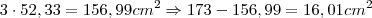 3 \cdot 52,33 = 156,99 cm^2 \Rightarrow 173 - 156,99 = 16,01 cm^2 3 \cdot 52,33 = 156,99 cm^2 \Rightarrow 173 - 156,99 = 16,01 cm^2