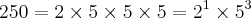 250 = 2 \times 5 \times 5 \times 5 = {2}^{1}\times {5}^{3} 250 = 2 \times 5 \times 5 \times 5 = {2}^{1}\times {5}^{3}