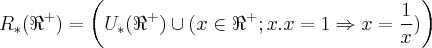 {R}_{*}({\Re}^{+}) = \left({U}_{*}({\Re}^{+}) \cup (x\in{\Re}^{+}; x.x=1 \Rightarrow x = \frac{1}{x}) \right)