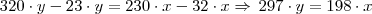 320 \cdot y - 23 \cdot y = 230 \cdot x - 32 \cdot x \Rightarrow \, 297 \cdot y = 198 \cdot x 320 \cdot y - 23 \cdot y = 230 \cdot x - 32 \cdot x \Rightarrow \, 297 \cdot y = 198 \cdot x
