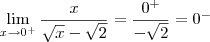 \lim_{x\to0^+} \frac{x}{\sqrt{x} -\sqrt{2}}  = \frac{0^+}{-\sqrt{2}} =  0^-