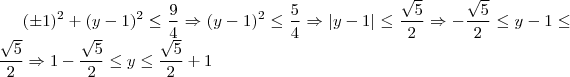 (\pm 1)^2+(y-1)^2 \leq \frac{9}{4} \Rightarrow (y-1)^2 \leq \frac{5}{4} \Rightarrow \left | y-1 \right | \leq \frac{\sqrt{5}}{2} \Rightarrow - \frac{\sqrt{5}}{2} \leq  y-1 \leq \frac{\sqrt{5}}{2} \Rightarrow 1- \frac{\sqrt{5}}{2} \leq  y \leq \frac{\sqrt{5}}{2}+1