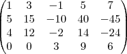 \begin{pmatrix}
   1 & 3 & -1 & 5 & 7\\
   5 & 15 & -10 & 40 & -45\\
   4 & 12 & -2 & 14 & -24\\
   0 & 0 & 3 & 9 & 6\\
 \end{pmatrix}