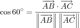 \cos 60^\circ = \frac{\overrightarrow{AB}\cdot \overrightarrow{AC}}{\left\|\overrightarrow{AB}\right\|\left\|\overrightarrow{AC}\right\|}