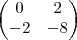 \begin{pmatrix}
0 & 2 \\
-2 & -8
\end{pmatrix} \begin{pmatrix}
0 & 2 \\
-2 & -8
\end{pmatrix}