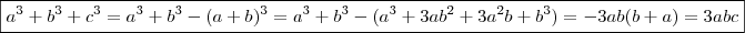 \boxed{ a^3+b^3+c^3 = a^3+b^3 -(a+b)^3 = a^3+b^3 -(a^3 + 3ab^2 +3a^2b + b^3) = -3ab(b+a) = 3abc} \boxed{ a^3+b^3+c^3 = a^3+b^3 -(a+b)^3 = a^3+b^3 -(a^3 + 3ab^2 +3a^2b + b^3) = -3ab(b+a) = 3abc}