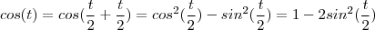 cos(t) = cos( \frac{t}{2} + \frac{t}{2}) = cos^2(\frac{t}{2}) - sin^2(\frac{t}{2}) = 1 - 2sin^2(\frac{t}{2})