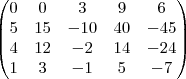 \begin{pmatrix}
   0 & 0 & 3 & 9 & 6\\
   5 & 15 & -10 & 40 & -45\\
   4 & 12 & -2 & 14 & -24\\
   1 & 3 & -1 & 5 & -7\\
 \end{pmatrix}