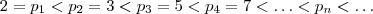 2 = p_1 < p_2 = 3 < p_3 = 5 < p_4 = 7 < \hdots  < p_n <  \hdots