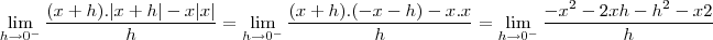 \lim_{h\to0^-}\frac{(x+h).|x+h|-x|x|}{h}=\lim_{h\to0^-}\frac{(x+h).(-x-h)-x.x}{h}=\lim_{h\to0^-}\frac{-x^2-2xh-h^2-x2}{h}