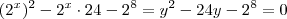 (2^x)^2 -2^x\cdot 24 -2^8 = y^2 - 24y -2^8 = 0 (2^x)^2 -2^x\cdot 24 -2^8 = y^2 - 24y -2^8 = 0