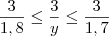 \dfrac{3}{1,8} \leq \dfrac{3}{y} \leq \dfrac{3}{1,7}