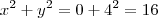 x^2 + y^2 = 0 + 4^2 = 16 x^2 + y^2 = 0 + 4^2 = 16